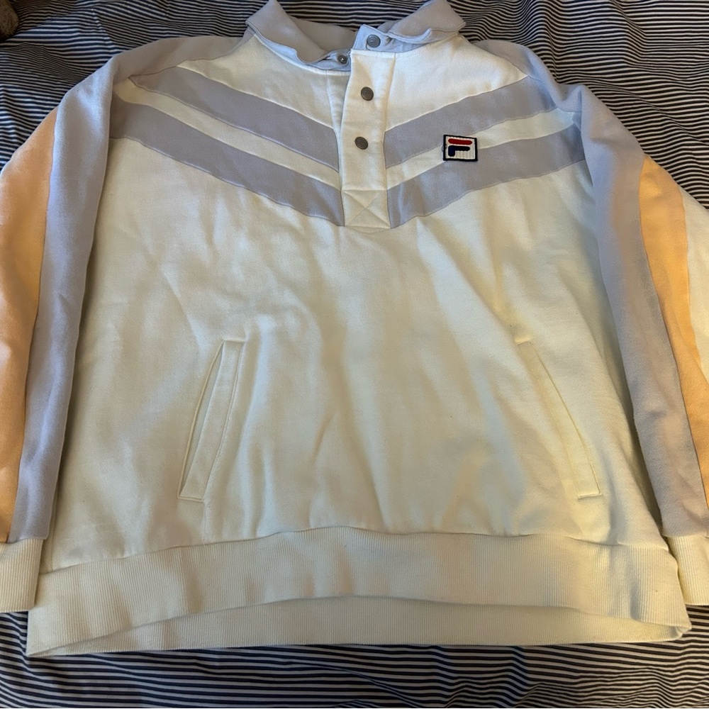 Vintage Fila Quarter-Button Polo Sweatshirt - White/Peach/Gray - Size “Men’s” XL